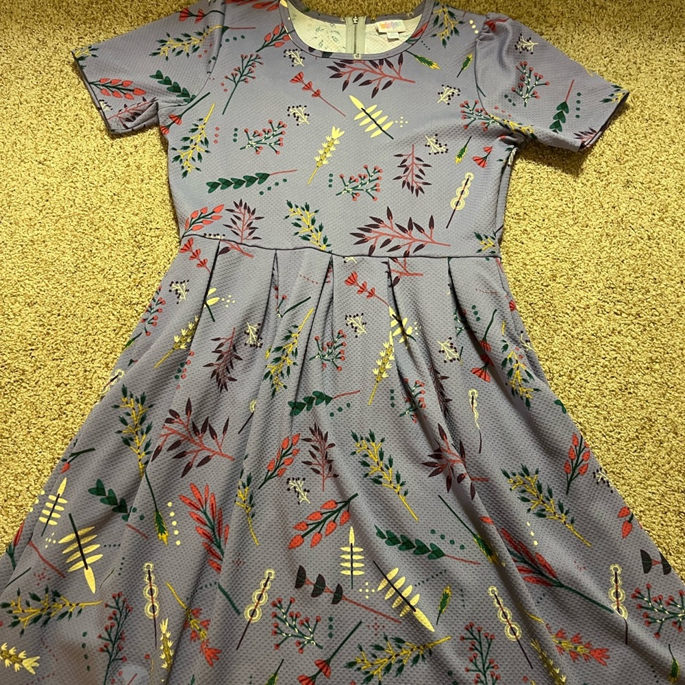 LuLaRoe Purple Floral Fit & Flare Dress with Gold, Green, Red Accents